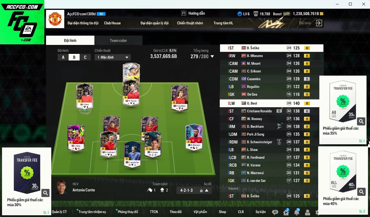 [Dư nhiều BP, ACC Rẻ🔥] Man Utd. 3.537.660b dư 1.238.000b có CR7 No.7+6, Best DC, Varane BWC, Rooney DC, Ferdinand DC, Beckham CC, Schweinsteiger CC, Seska 21NG, Mbeumo 23HW, Shaw 23HW, Casemiro CH, Park CC...  VIP BK Tháng 9,10